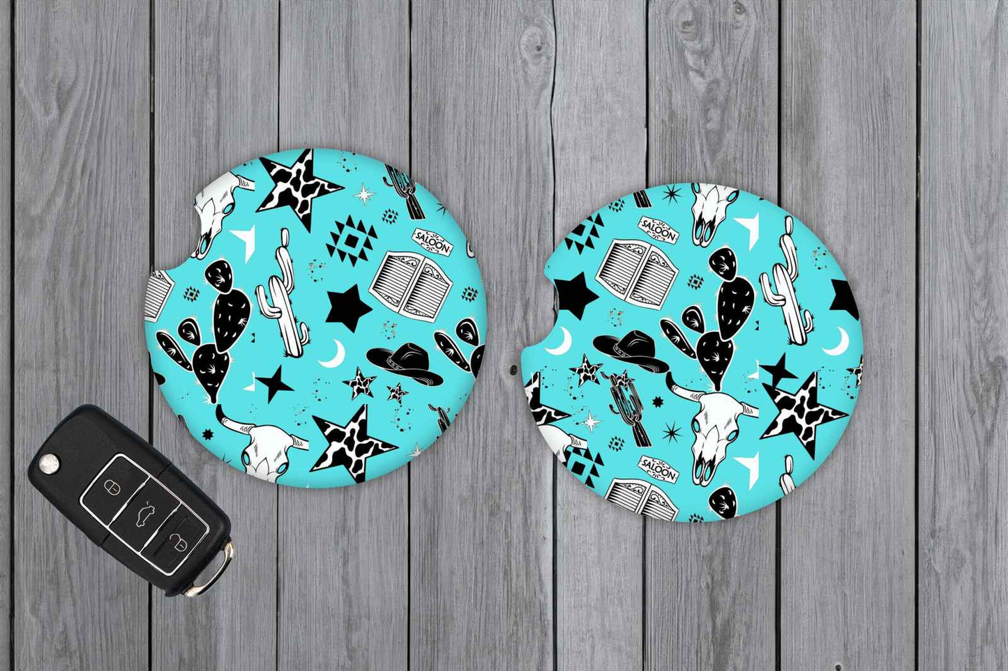 Western Cactus Car Coasters Turquoise Blue