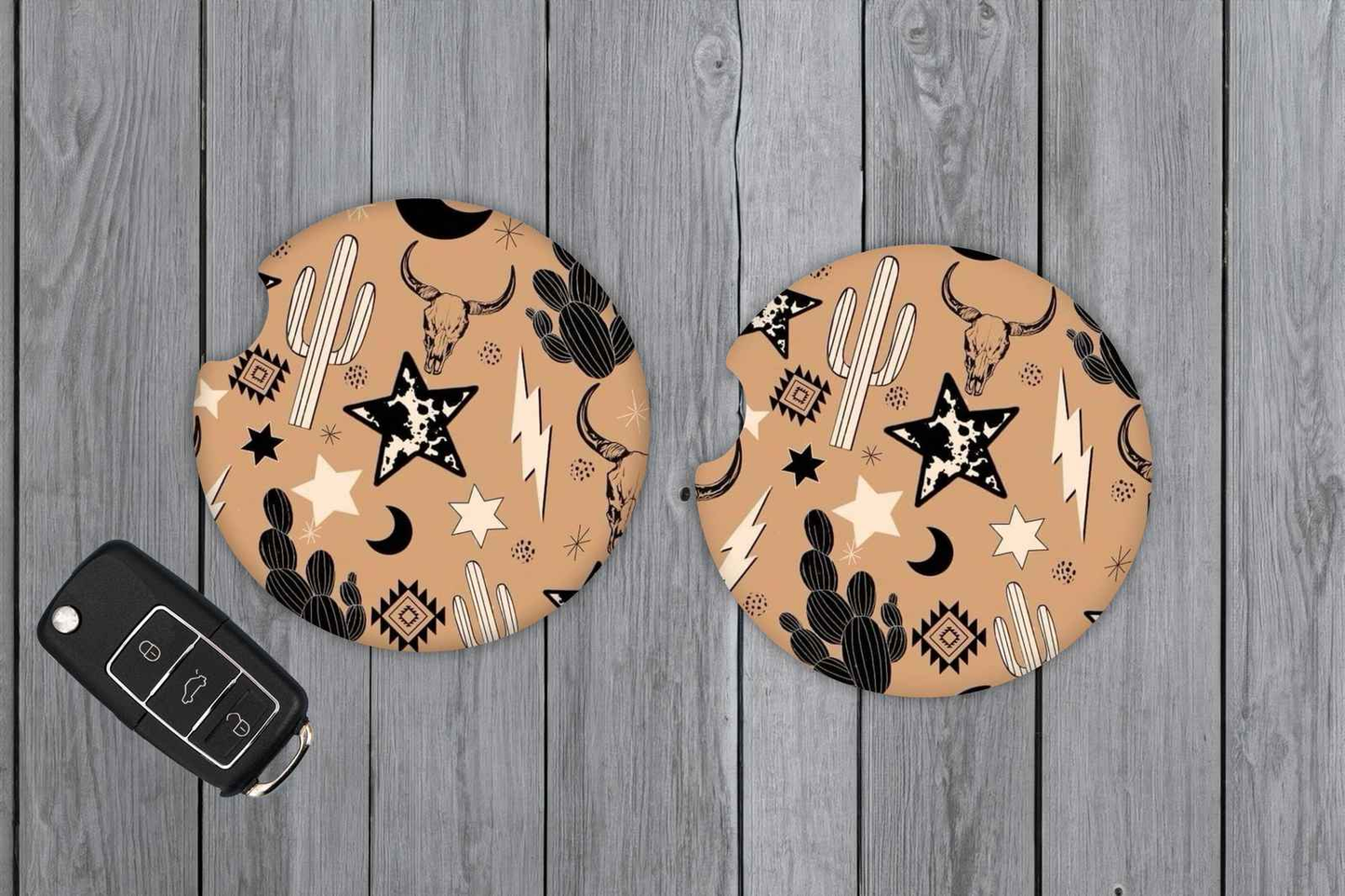 Western Cactus Car Coasters Tan