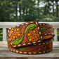 American Darling- Western Hand Tooled Leather Belt - White Daisy & Green Cactus Pattern