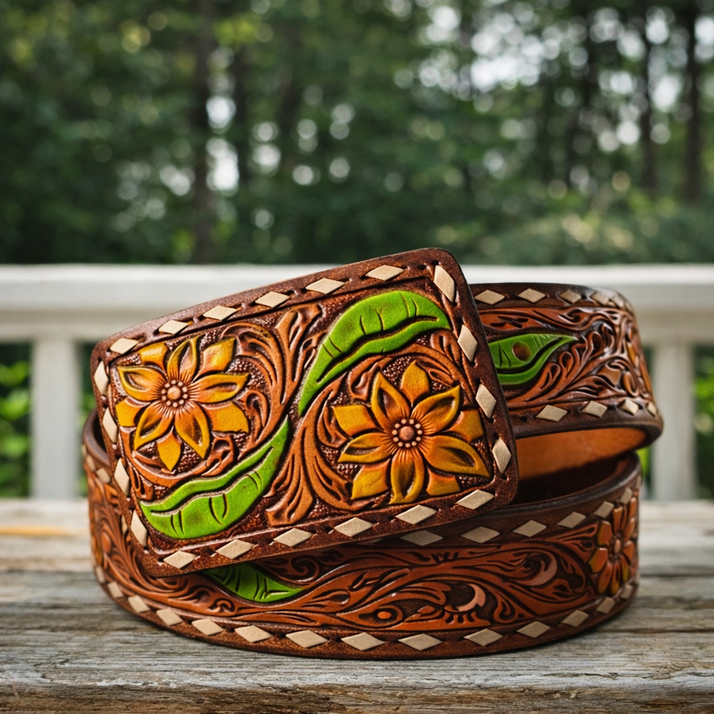 American Darling- Western Hand Tooled Leather Belt - White Daisy & Green Cactus Pattern
