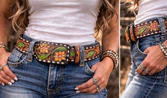 American Darling- Western Hand Tooled Leather Belt - White Daisy & Green Cactus Pattern