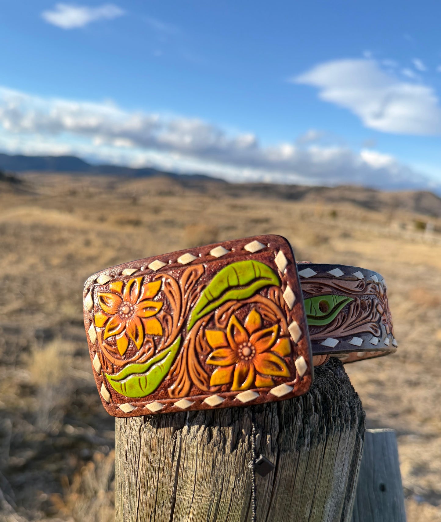 American Darling- Western Hand Tooled Leather Belt - White Daisy & Green Cactus Pattern