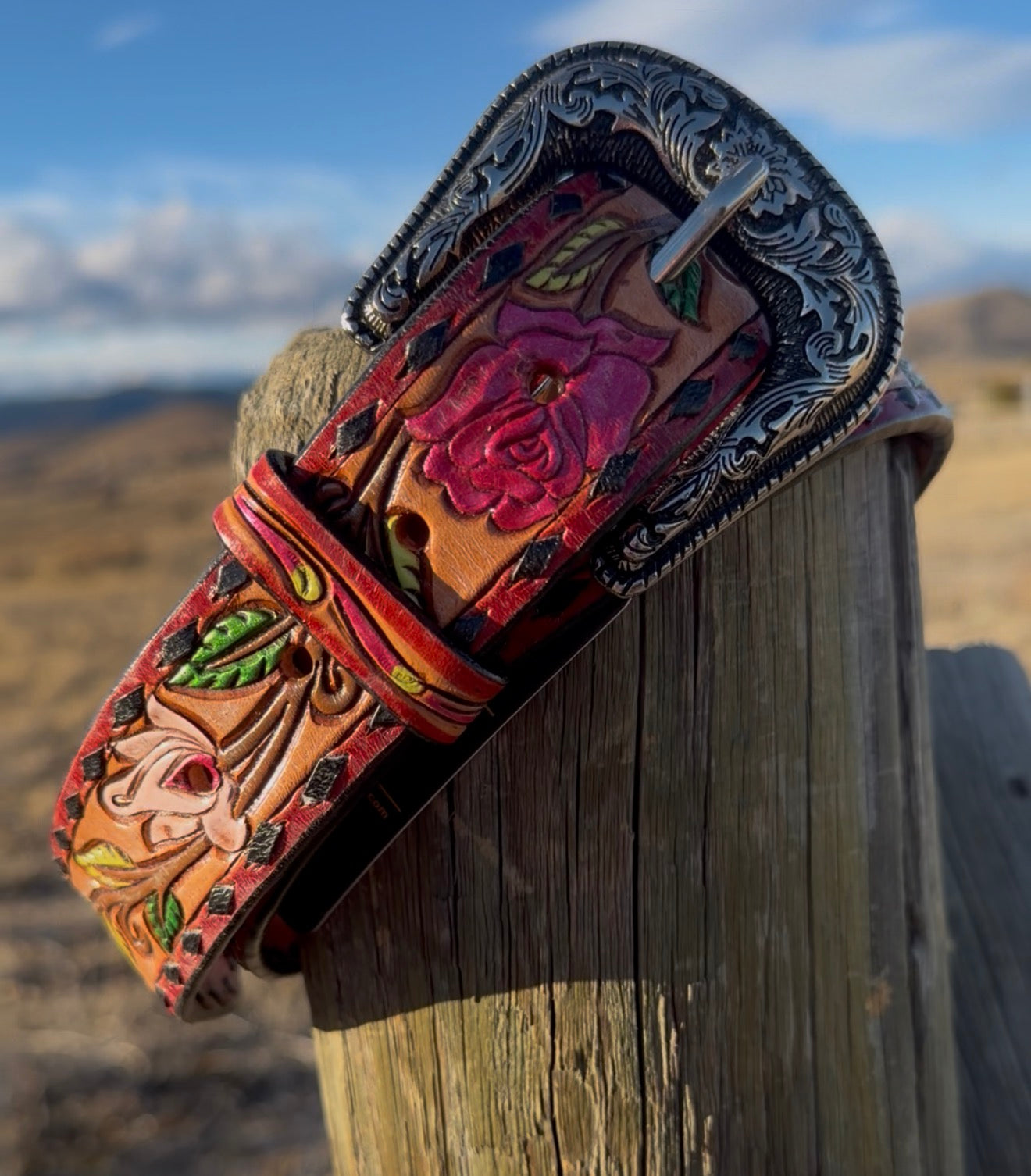American Darling- Rose Painted Hand-tooled Leather Belt