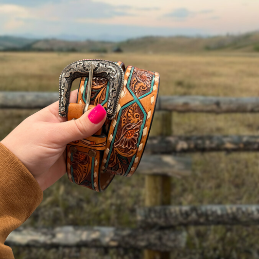 American Darling - White Daisy Floral with Teal Diamond Accents Belt