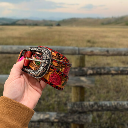 American Darling- Rose Painted Hand-tooled Leather Belt