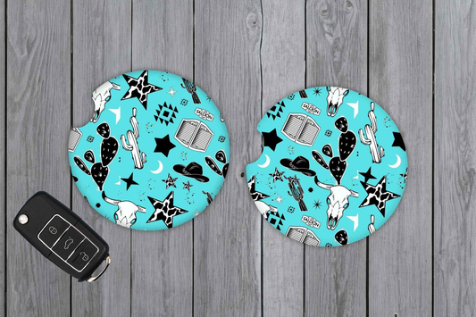Western Cactus Car Coasters Turquoise Blue